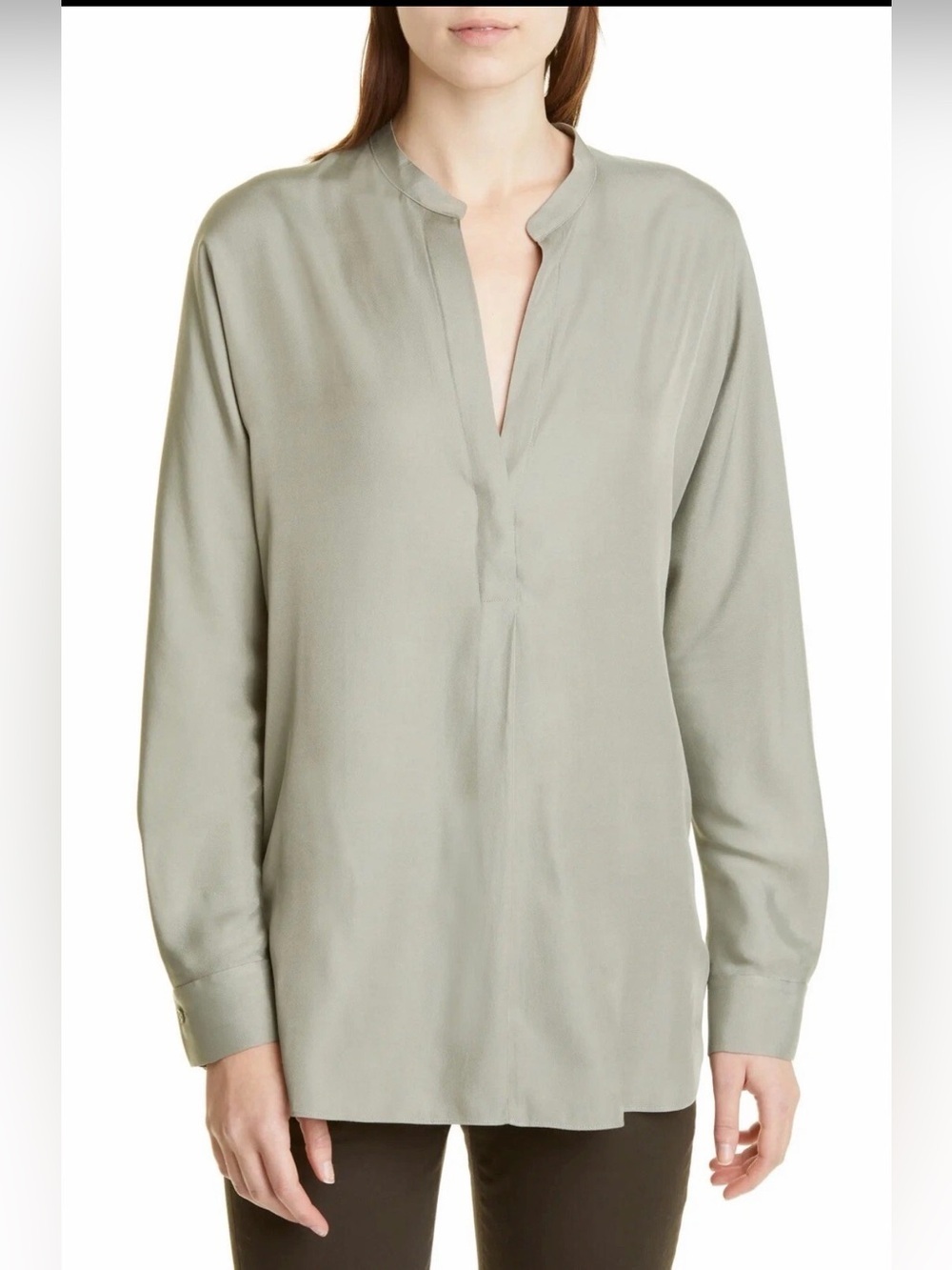 Vince Mauve silk blend band collar, split neckline long sleeve blouse L